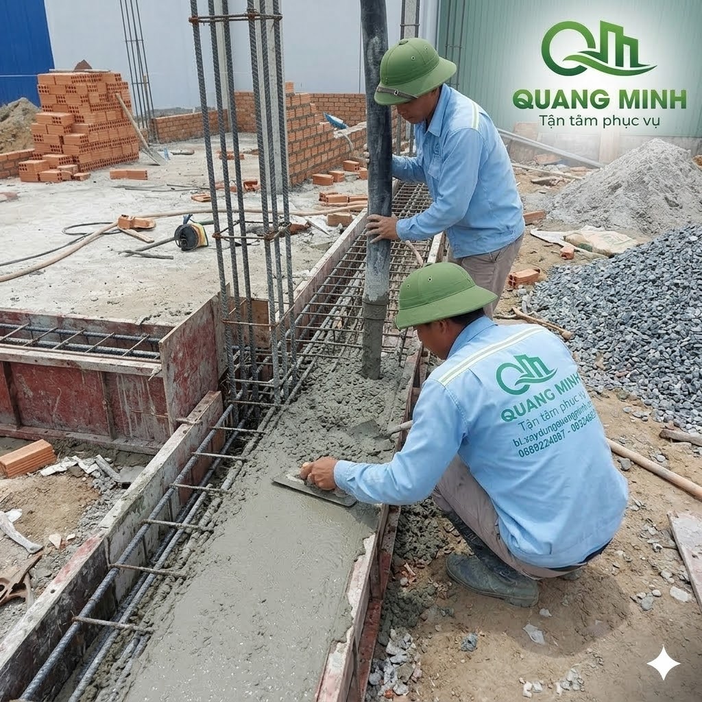 Công nhân Quang Minh đang thực hiện công đoạn đổ bê tông móng, đảm bảo sự vững chắc cho ngôi nhà trước khi tiến hành các bước tiếp theo