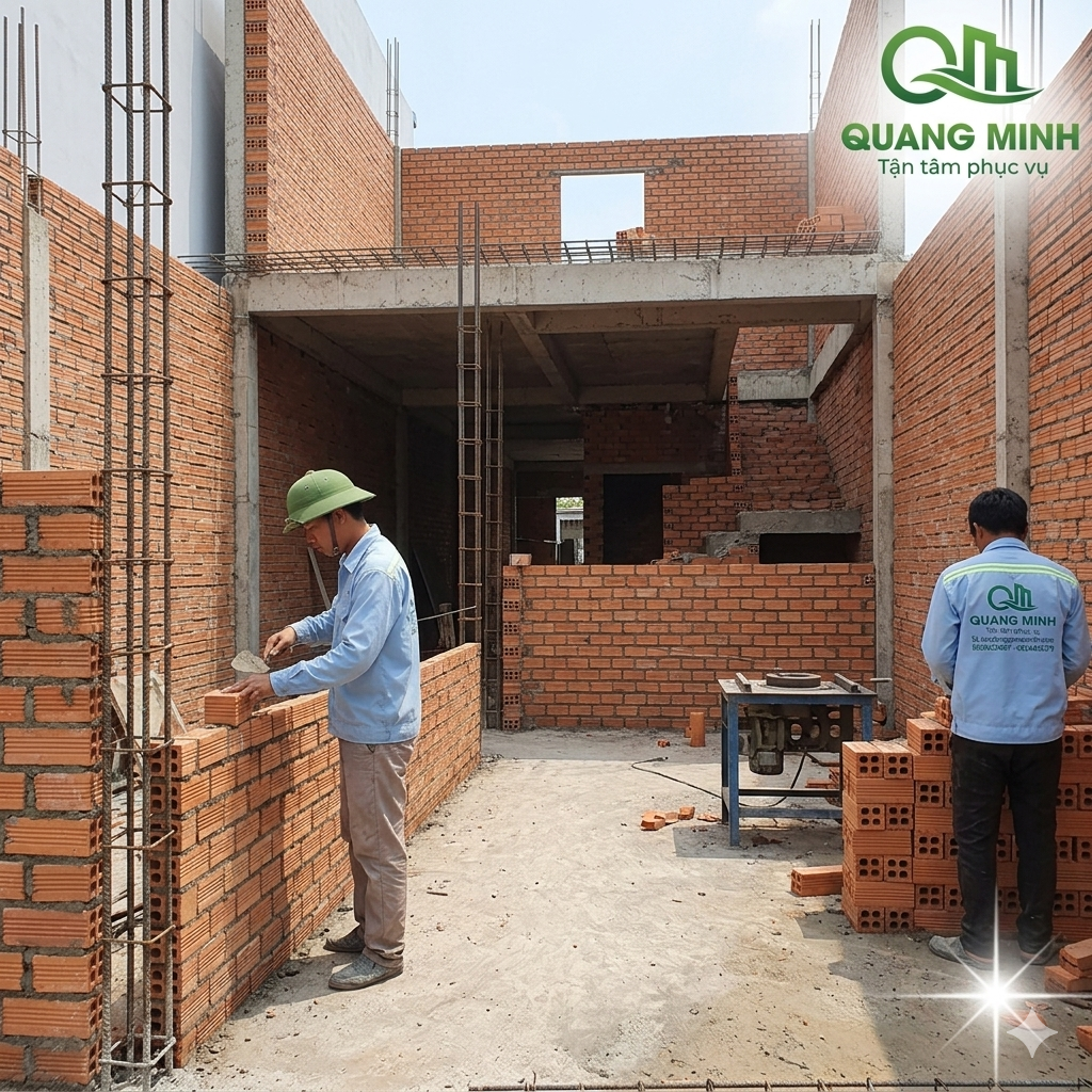 Các công nhân đang tích cực xây dựng những bức tường gạch đầu tiên, định hình không gian cho các phòng của ngôi nhà 2 tầng