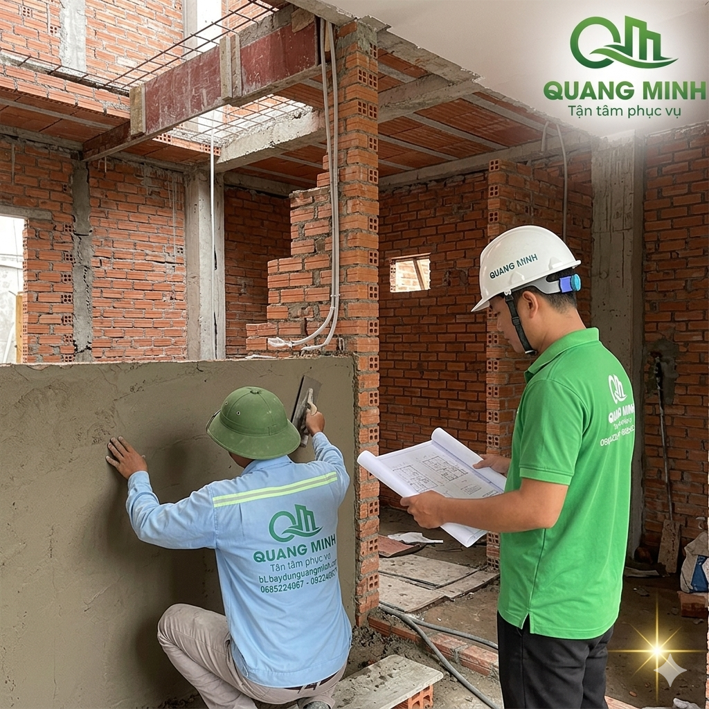 Kỹ sư Quang Minh đang giám sát việc tô trát tường, lắp đặt hệ thống điện nước, đảm bảo sự chính xác trước khi sơn bả