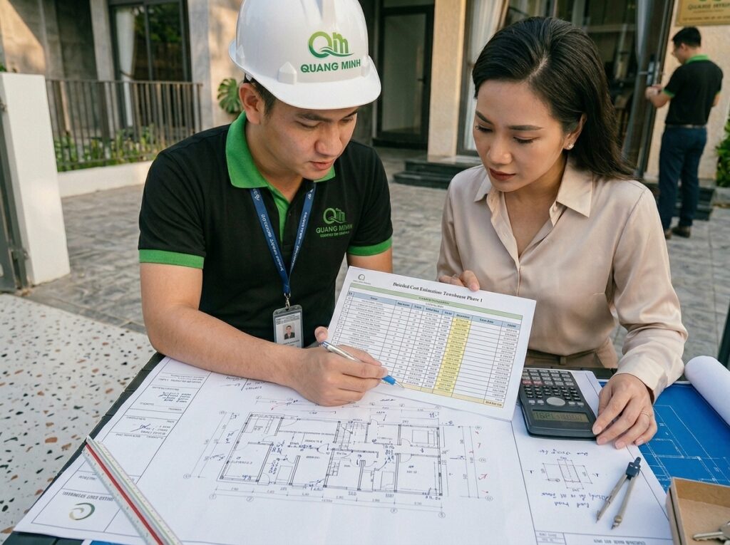 Kỹ sư đang bóc tách khối lượng vật tư trên bản vẽ kỹ thuật nhà phố, thể hiện quy trình dự toán chi tiết.