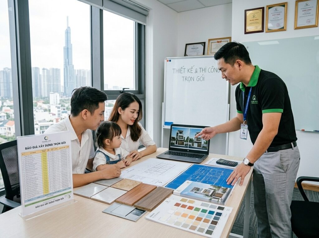 Kỹ sư XD Quang Minh đang tư vấn cho gia đình trẻ tại TP.HCM