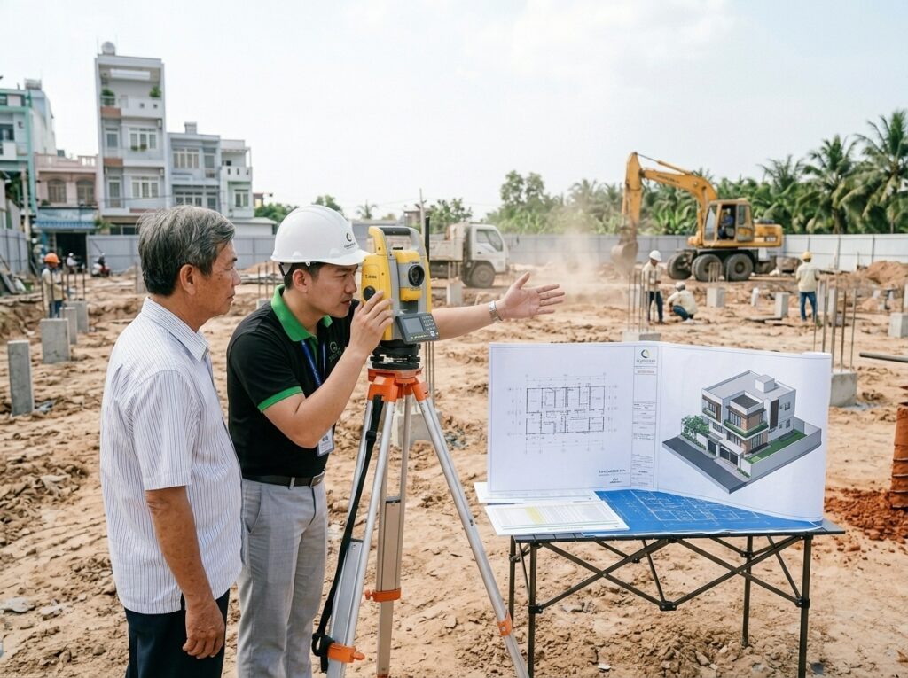 Kỹ sư XD Quang Minh đang khảo sát khu đất xây dựng tại TP.HCM