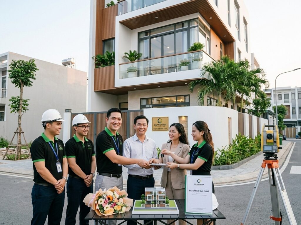 Đội ngũ kỹ sư và kiến trúc sư XD Quang Minh đứng trước công trình nhà phố hiện đại đã hoàn thiện tại TP.HCM.