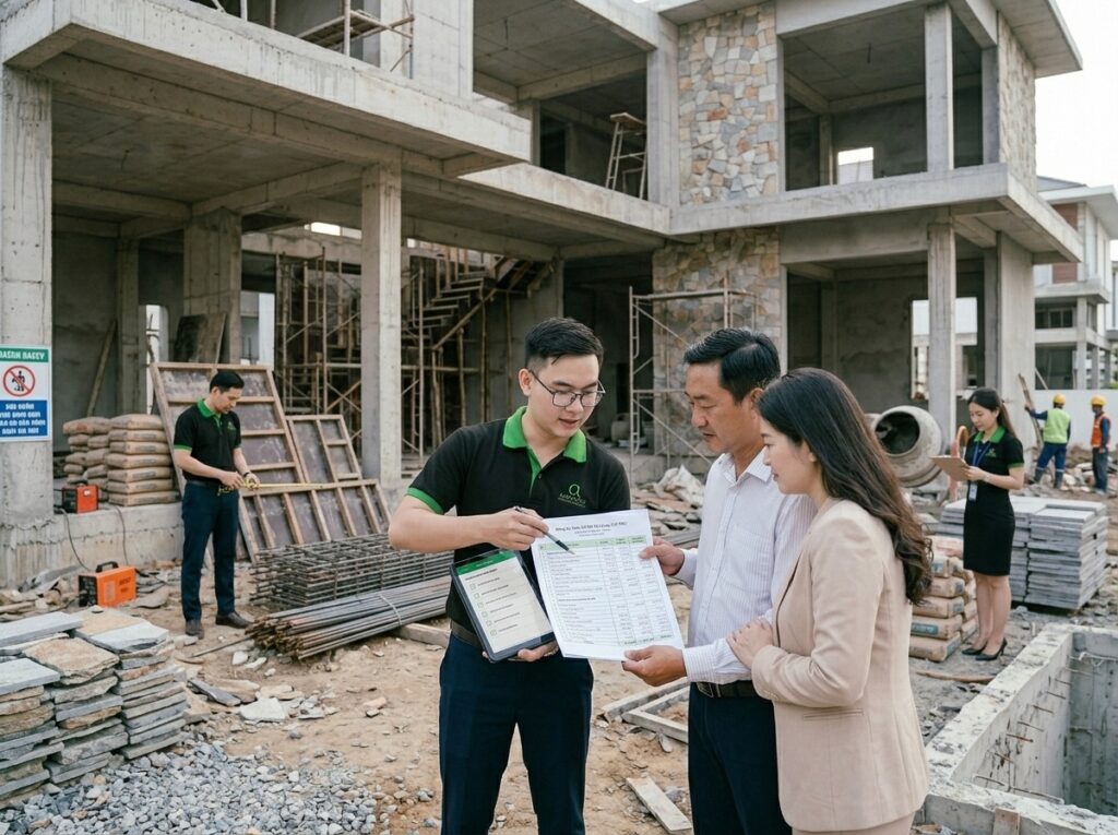 Bảng báo giá xây dựng và kỹ sư đang giải thích chi phí cho khách hàng tại công trình thực tế.