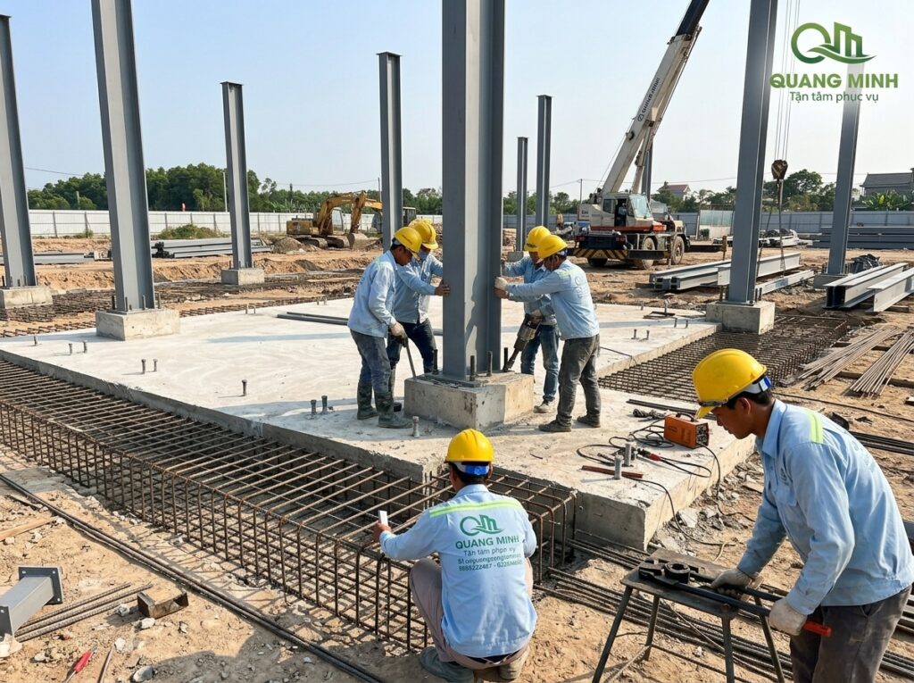 Công trình nhà phố đang thi công phần móng và cột thép, thể hiện giai đoạn đầu của phần thô.