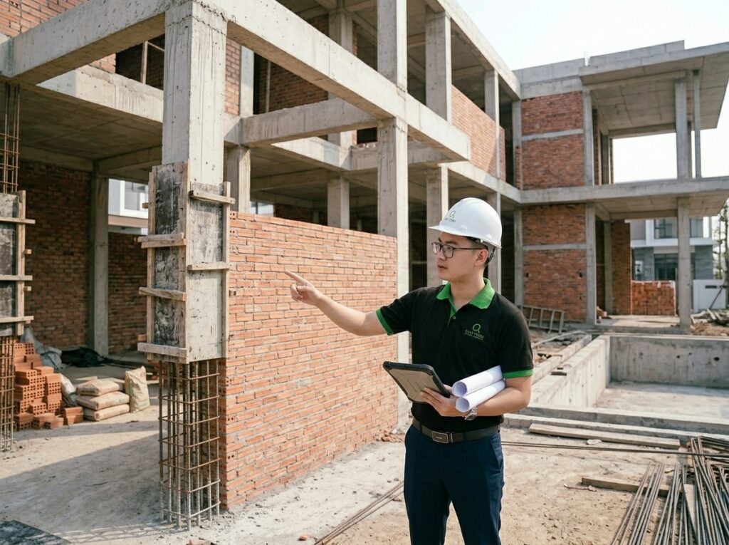 Hình ảnh công trình phần thô hoàn thiện với tường xây, hệ thống cột dầm rõ ràng và kỹ sư giám sát.