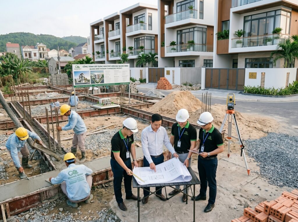 đội ngũ kỹ sư và công nhân đang thi công công trình nhà phố hiện đại