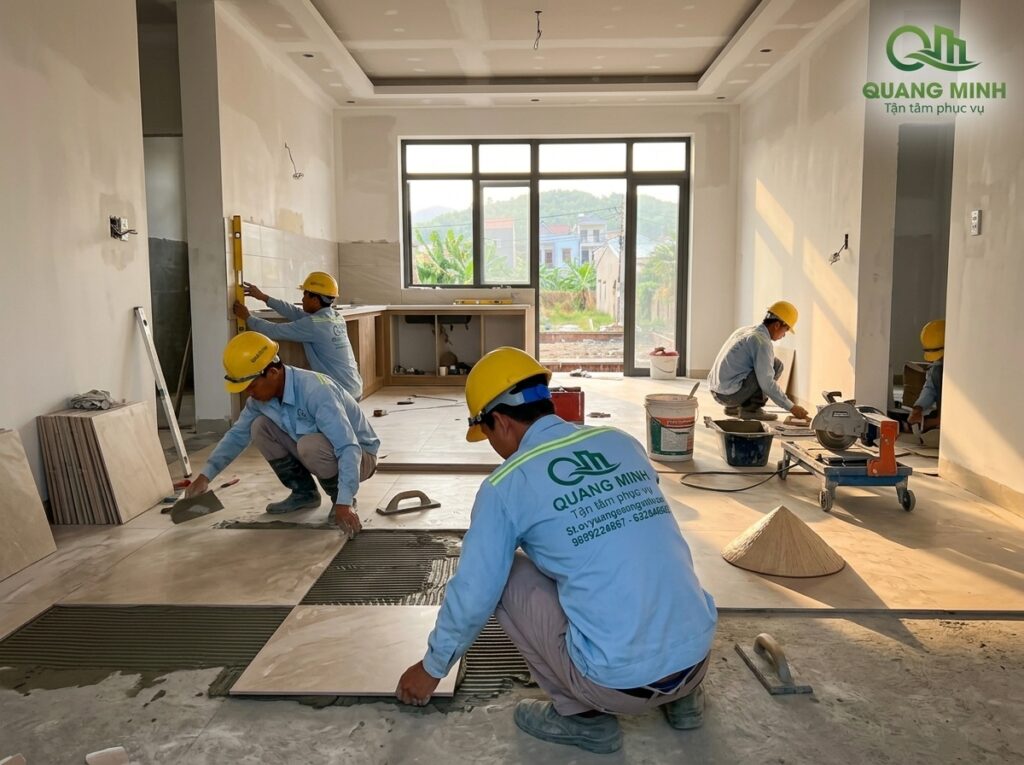 Hình ảnh công nhân đang thi công ốp lát và hoàn thiện nội thất nhà phố.