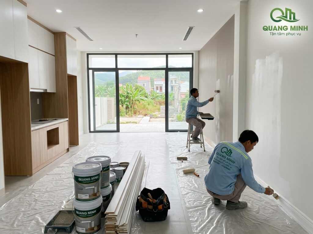 Hình ảnh công trình nhà phố đang trong giai đoạn hoàn thiện nội thất và sơn nước.