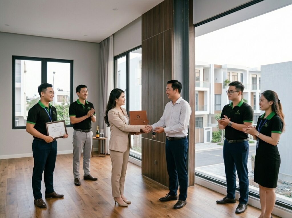 Hình ảnh kỹ sư bàn giao công trình hoàn thiện cho gia chủ.
