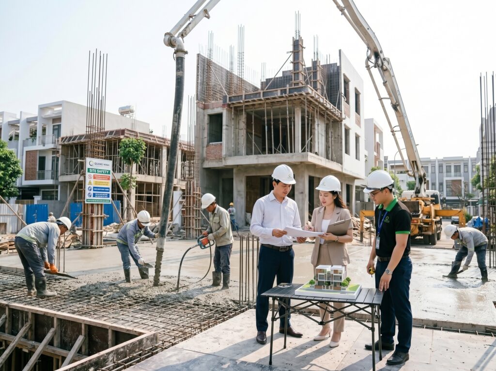 Hình ảnh kỹ sư đang kiểm tra công tác đổ bê tông sàn tại công trình nhà phố.