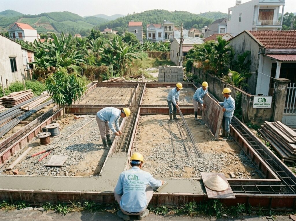 Hình ảnh công nhân thi công cốt thép và lắp dựng coffa tại công trình.