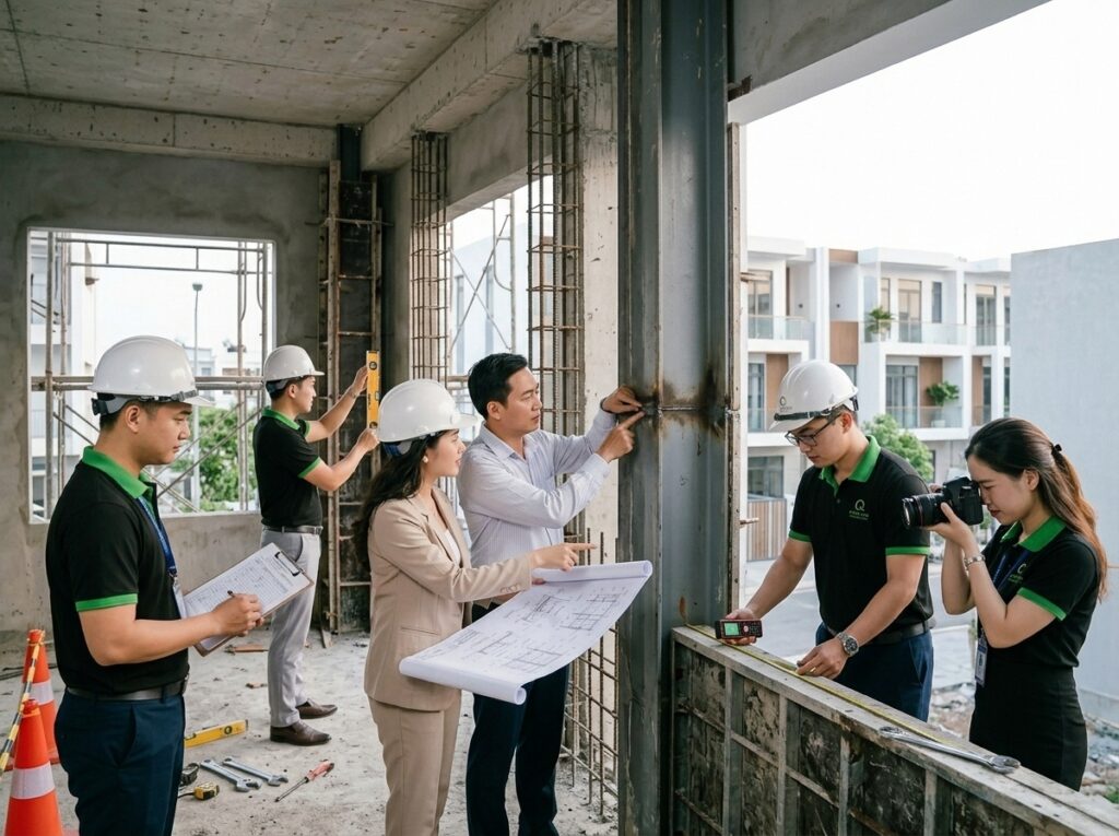 Hình ảnh kỹ sư và chủ đầu tư nghiệm thu công trình phần thô.