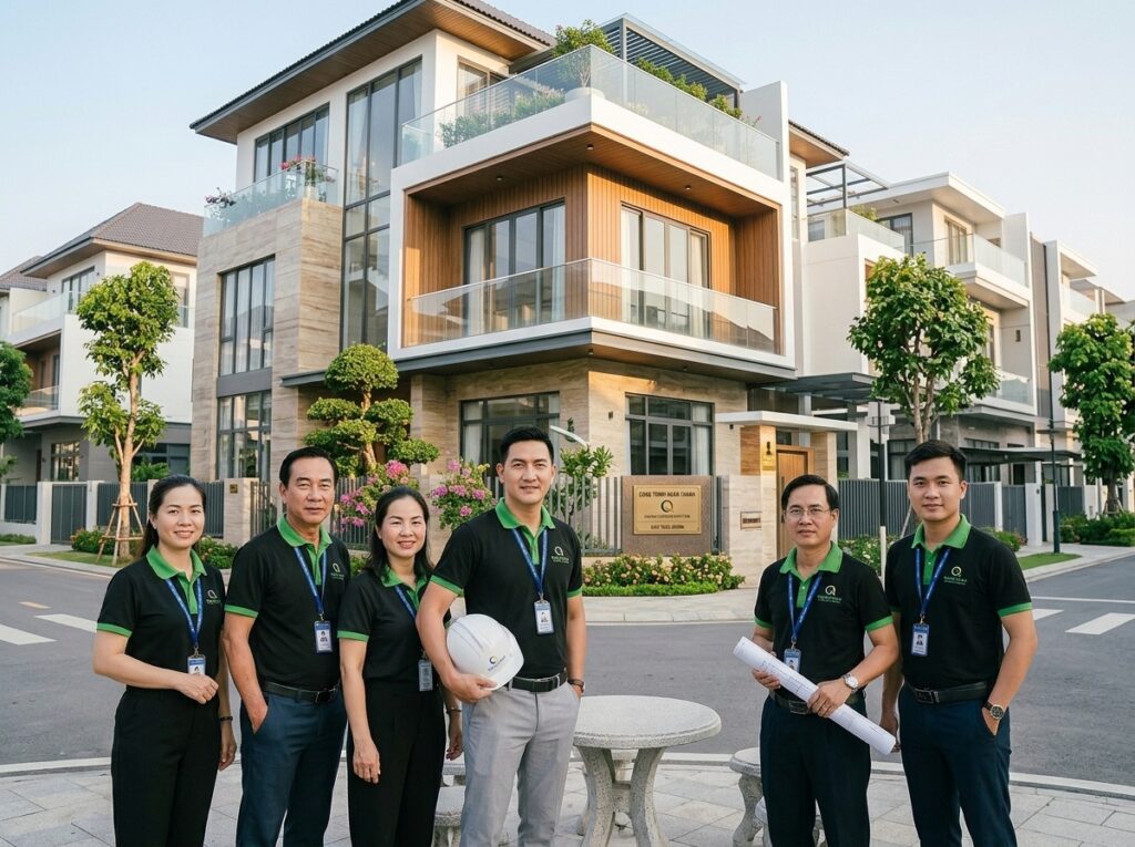 Đội ngũ kỹ sư và kiến trúc sư XD Quang Minh đứng trước công trình nhà phố hiện đại đã hoàn thiện tại Bình Chánh.