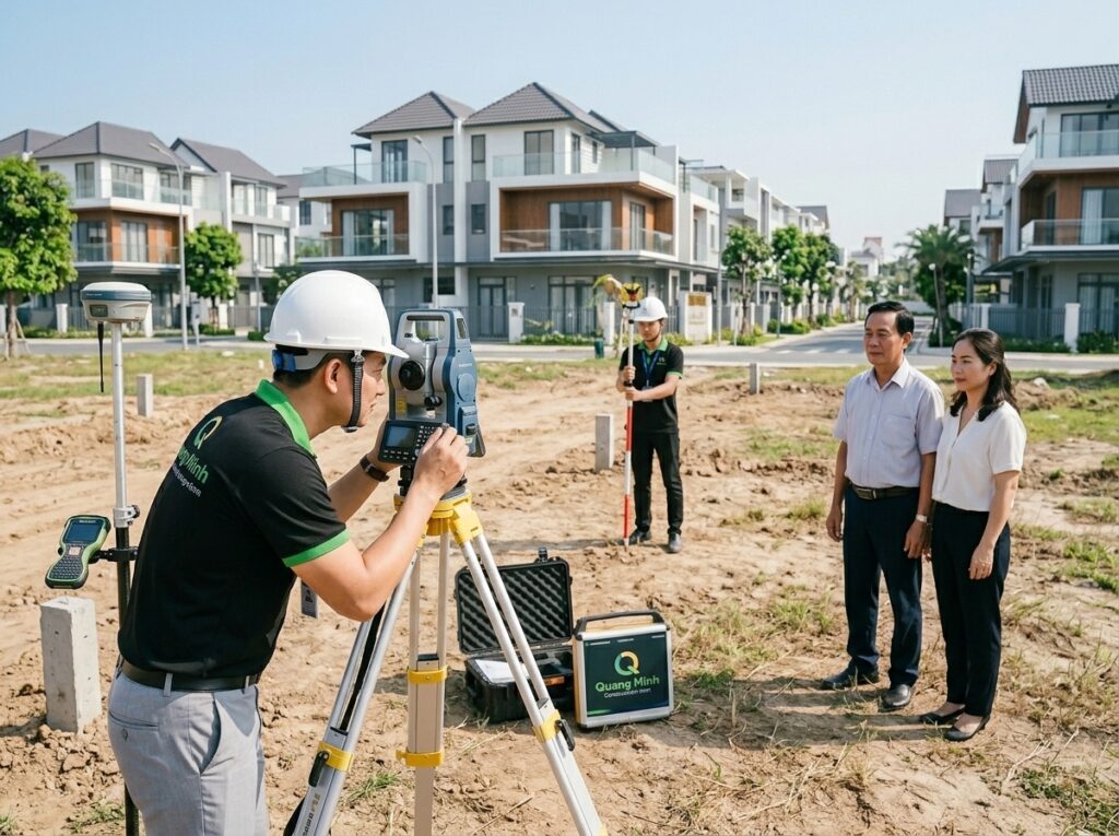 Kỹ sư XD Quang Minh khảo sát thực tế nền đất tại Bình Chánh, đo đạc hiện trạng khu đất chuẩn bị xây dựng nhà phố