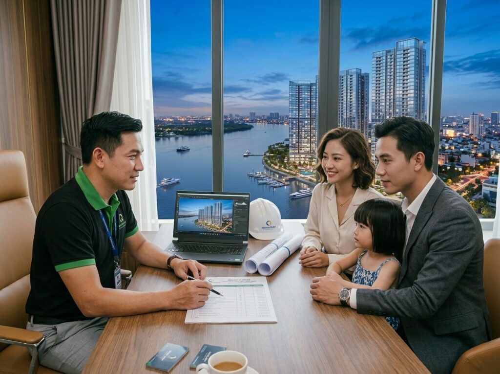 Kỹ sư XD Quang Minh đang trình bày bảng dự toán chi tiết cho khách hàng