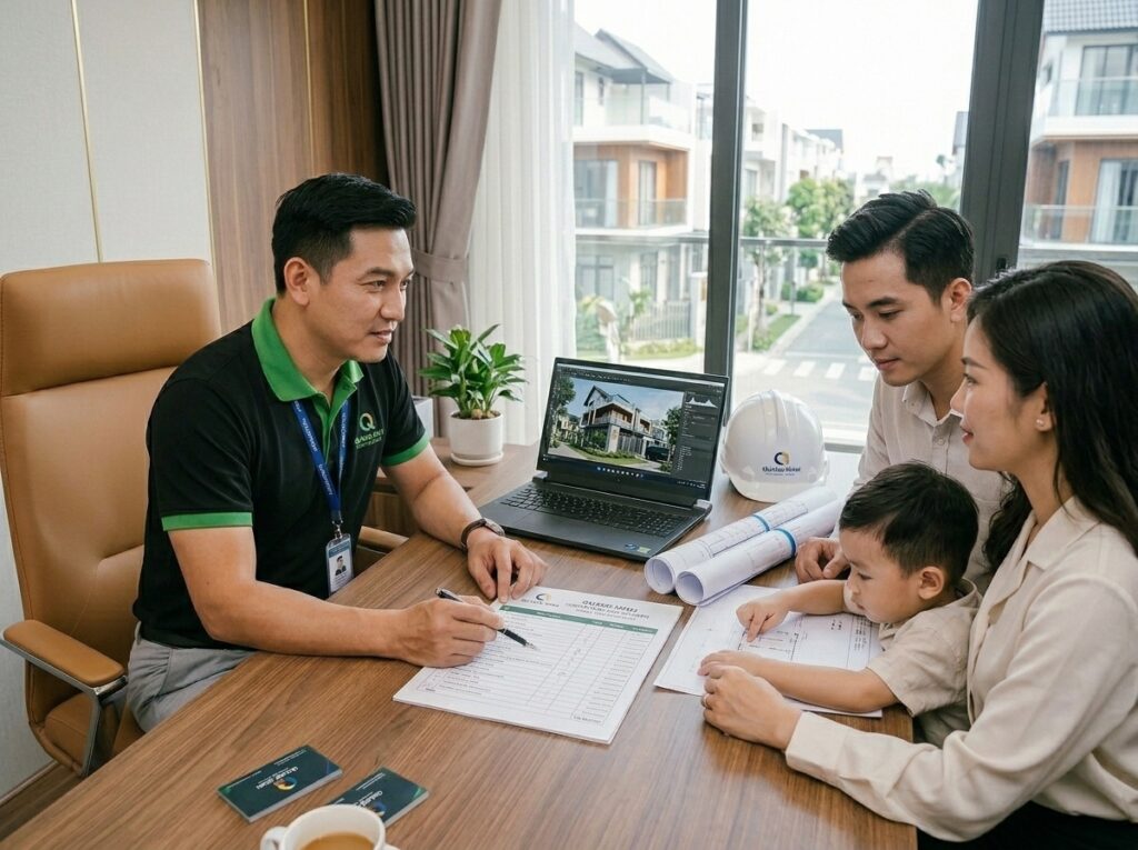 Kỹ sư XD Quang Minh đang tư vấn cho một gia đình trẻ tại Bình Chánh