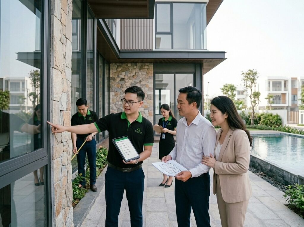 kỹ sư và gia chủ nghiệm thu công trình biệt thự cao cấp sau khi hoàn thiện.