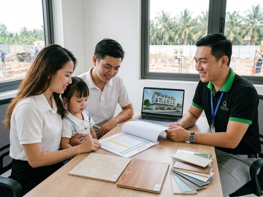 Kỹ sư XD Quang Minh đang tư vấn cho gia đình trẻ tại Củ Chi trước bản vẽ nhà phố hiện đại.