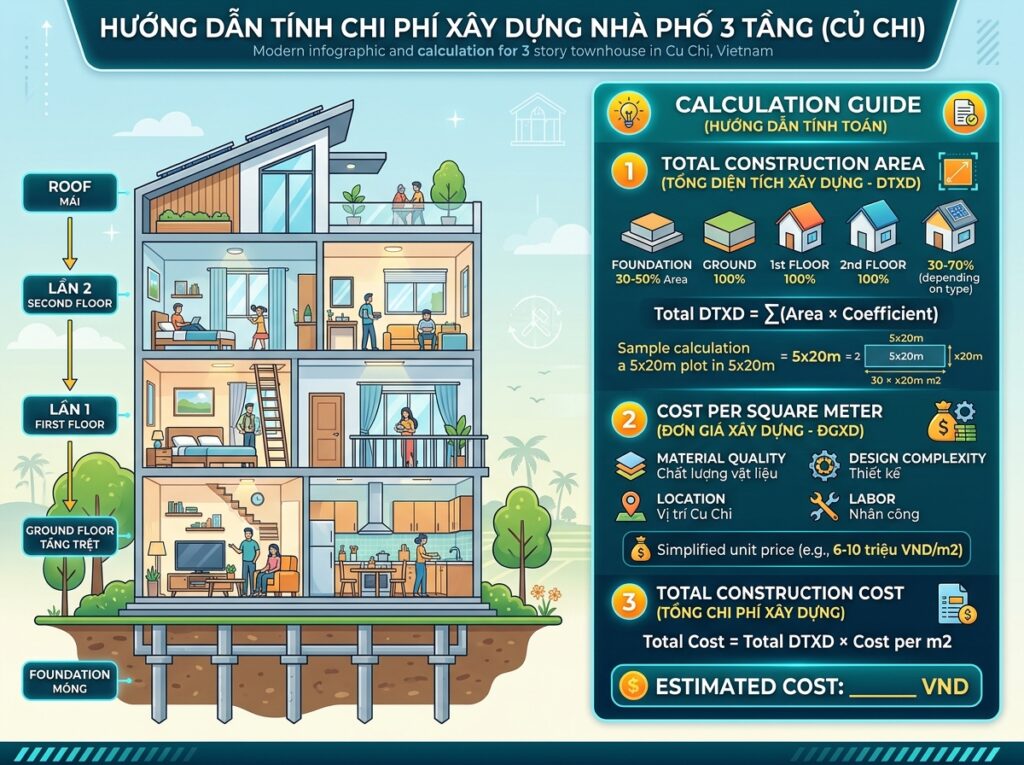 nhà phố 3 tầng tại Củ Chi với các phần móng, tầng trệt, lầu 1, lầu 2 và mái được đánh dấu rõ ràng