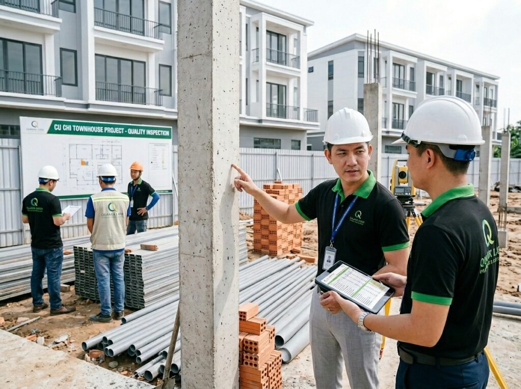 Kỹ sư XD Quang Minh đang kiểm tra tiến độ thi công tại công trình nhà phố hiện đại ở Củ Chi.