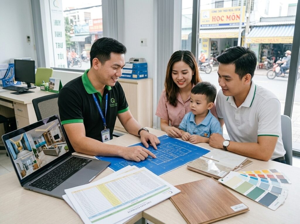 Kỹ sư XD Quang Minh đang tư vấn cho một gia đình trẻ tại Hóc Môn trước bản vẽ thiết kế nhà phố hiện đại.