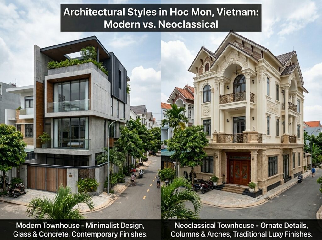 Hình ảnh so sánh nhà phố hiện đại và nhà tân cổ điển tại Hóc Môn, thể hiện sự khác biệt về kiến trúc, vật liệu hoàn thiện và mức đầu tư xây dựng.