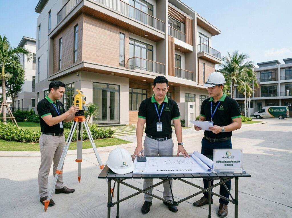 Đội ngũ kỹ sư và kiến trúc sư XD Quang Minh đứng trước công trình nhà phố hiện đại vừa hoàn thiện tại Hóc Môn.