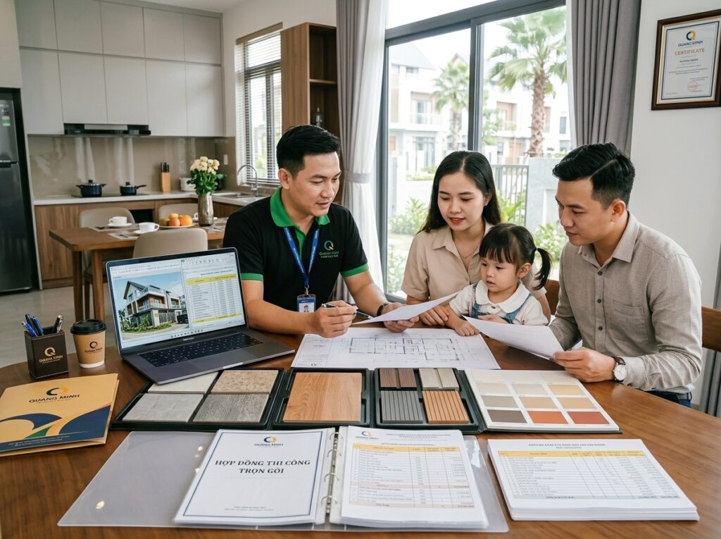 Kỹ sư XD Quang Minh đang tư vấn cho một gia đình trẻ tại Long An trước bản vẽ nhà phố hiện đại