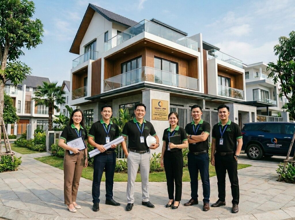 Đội ngũ kỹ sư và kiến trúc sư XD Quang Minh đứng trước công trình nhà phố hiện đại đã hoàn thiện tại Long An