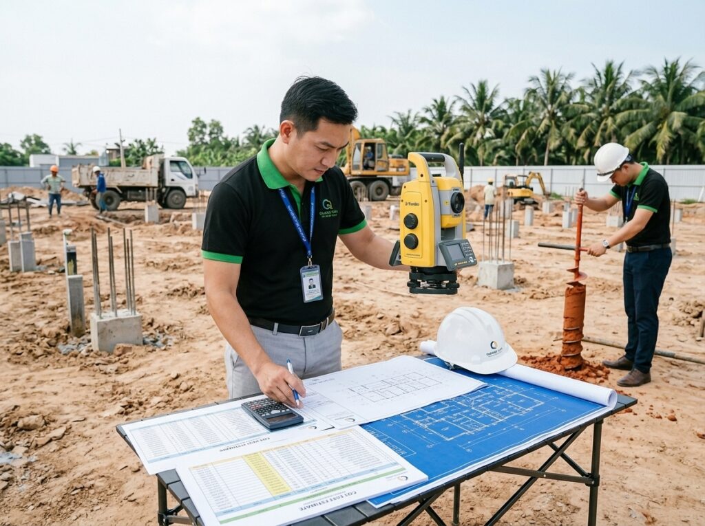 Kỹ sư XD Quang Minh đang khảo sát nền đất và lập dự toán tại công trình xây dựng ở Long An