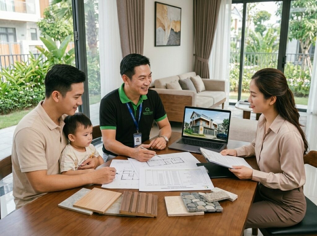 Kỹ sư XD Quang Minh đang tư vấn cho gia đình trẻ tại Quận 12 trước bản vẽ nhà phố hiện đại