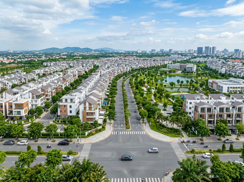 Toàn cảnh khu dân cư hiện đại tại Quận 12 với nhiều nhà phố mới xây, đường giao thông rộng rãi, cây xanh và hệ thống hạ tầng đồng bộ.