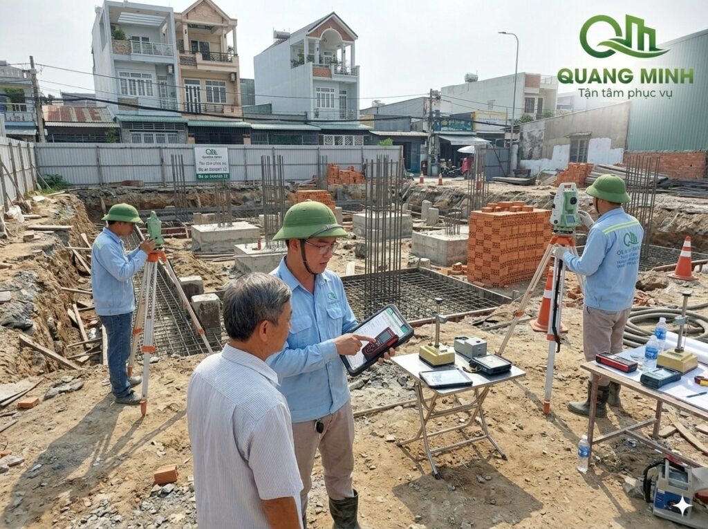 Kỹ sư XD Quang Minh đang khảo sát hiện trạng khu đất tại Quận 12, sử dụng thiết bị đo đạc chuyên dụng và tư vấn giải pháp móng phù hợp cho gia chủ.