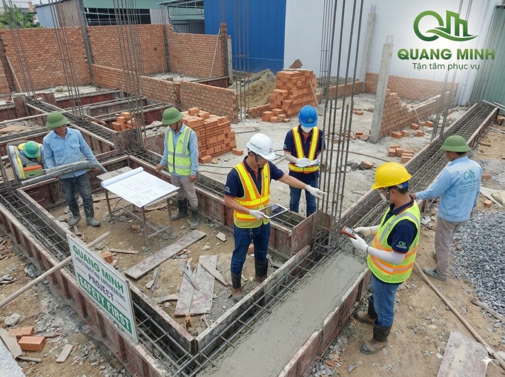 Đội ngũ kỹ sư XD Quang Minh đang kiểm tra tiến độ thi công tại công trình nhà phố Quận 9, công nhân làm việc đúng quy trình, sử dụng đầy đủ trang thiết bị bảo hộ lao động.
