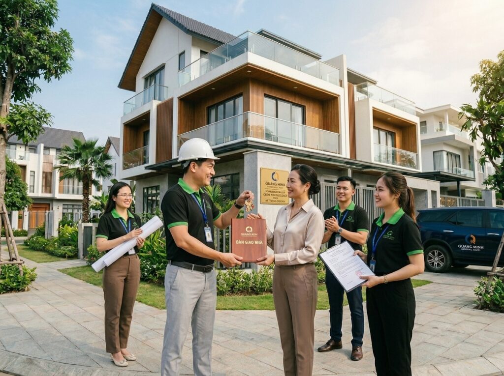 Công trình nhà phố hiện đại do XD Quang Minh hoàn thiện tại Quận 9, mặt tiền sang trọng, thiết kế hiện đại, gia chủ đang nhận bàn giao nhà cùng đội ngũ kỹ sư.