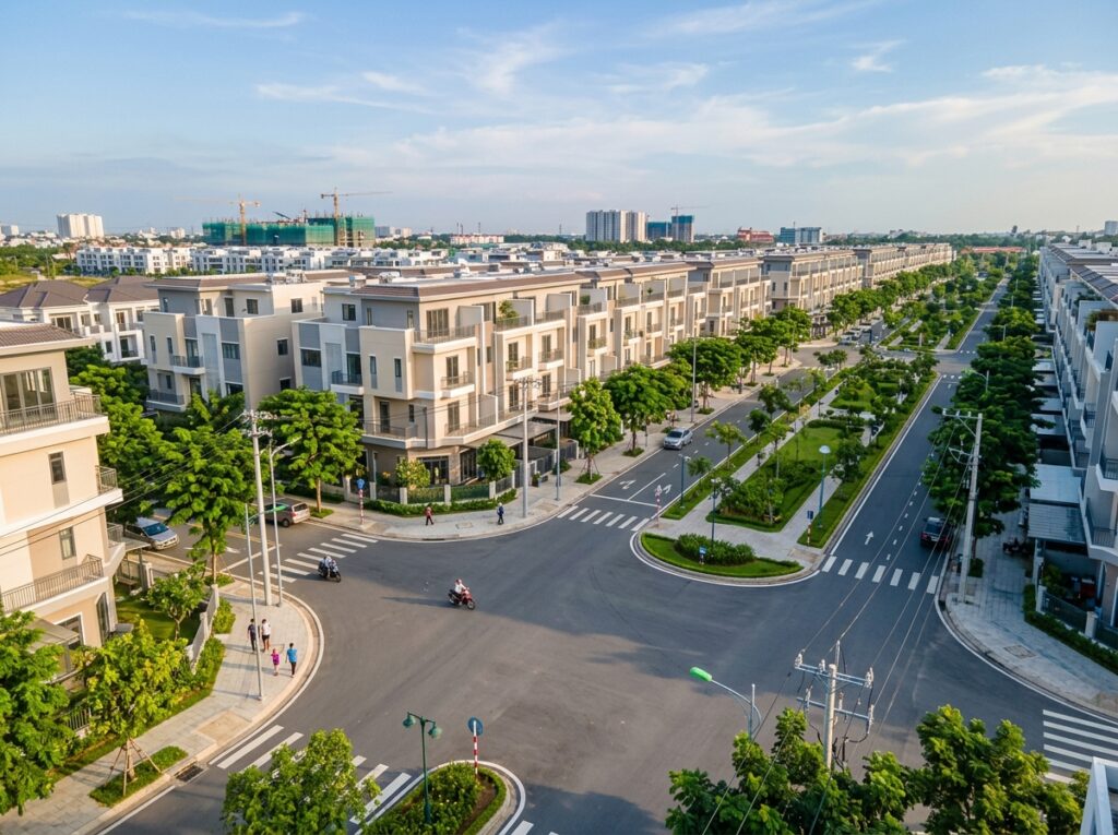 Khu dân cư hiện đại tại Quận 9 với nhiều nhà phố mới xây, đường rộng, cây xanh và hạ tầng đồng bộ, thể hiện tốc độ phát triển mạnh mẽ của khu vực phía Đông TP.HCM.