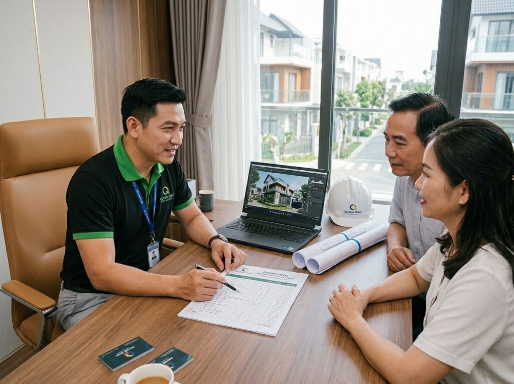 Kỹ sư XD Quang Minh đang tư vấn chi phí xây dựng cho khách hàng